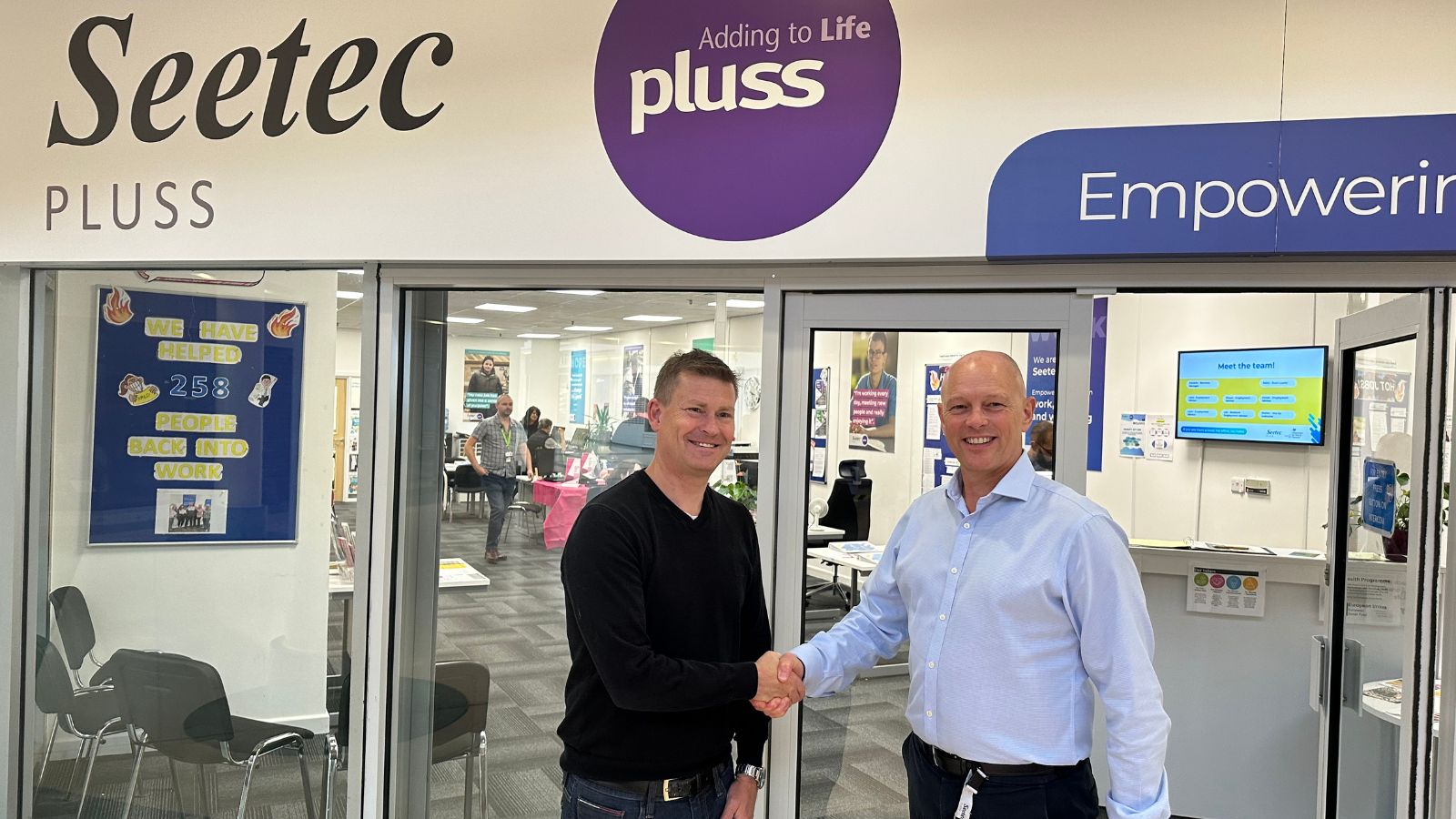 Justin Madders MP is welcomed to Seetec Pluss by Operations Manager, Pete Carr